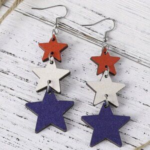 Wooden Double Sided Patriotic Star Triple Pendant Earrings
